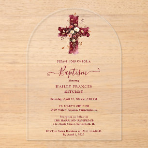 Burgundy Elegant Glitter Floral Cross Baptism Acrylic Invitations