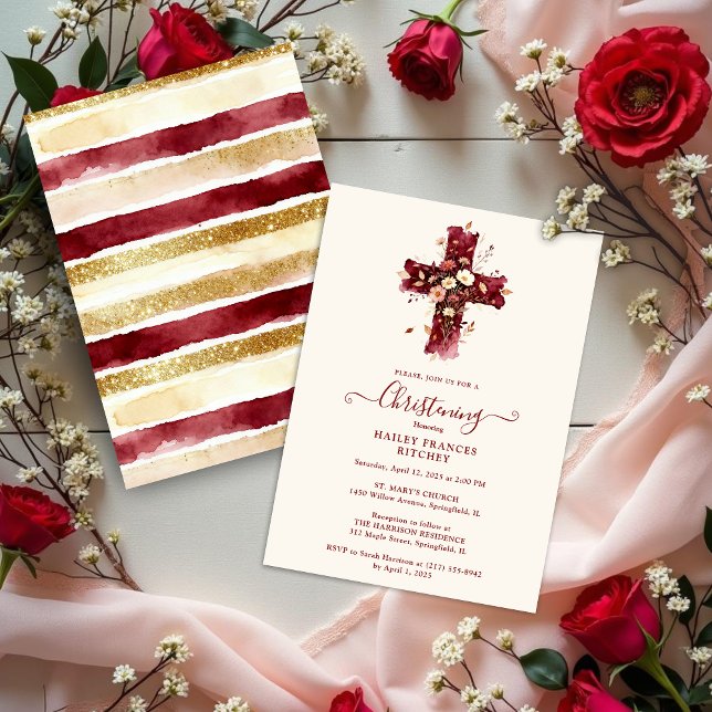 Burgundy Elegant Glitter Floral Cross Baptism Invitation (Burgundy Elegant Glitter Effect Floral Cross Christian Baptism Invitation Card Design.)