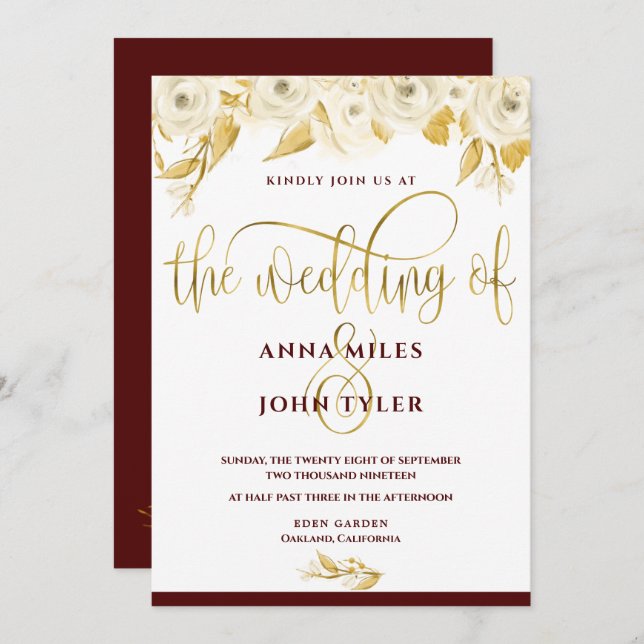 Burgundy Elegant Gold Typography Gold White Roses Invitation (Front/Back)