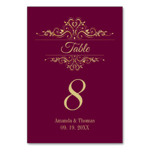 Burgundy elegant golden frame wedding table number