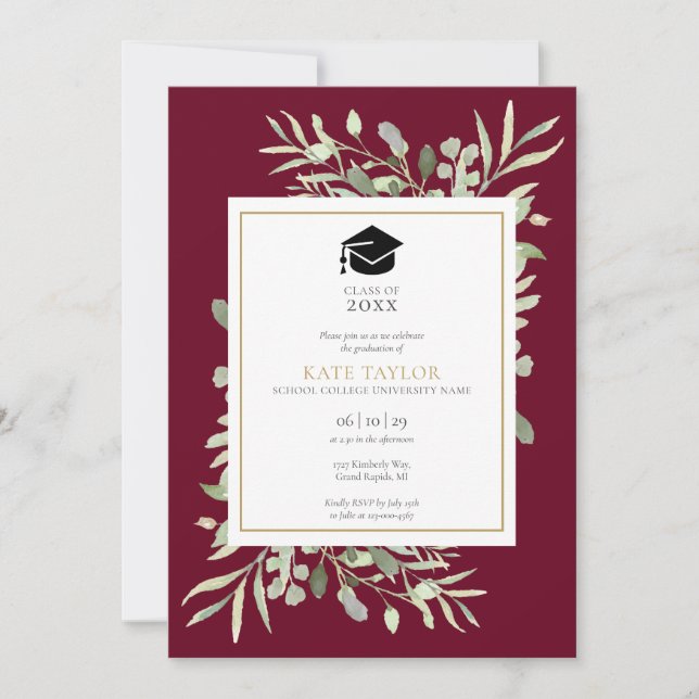 Burgundy Elegant Greenery Photo Graduation Party I Invitation (Front)