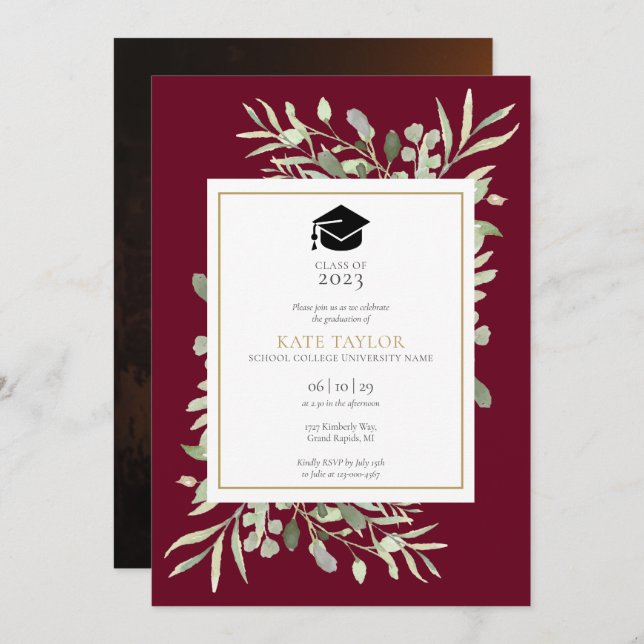 Burgundy Elegant Greenery Photo Graduation Party Invitation (Front/Back)