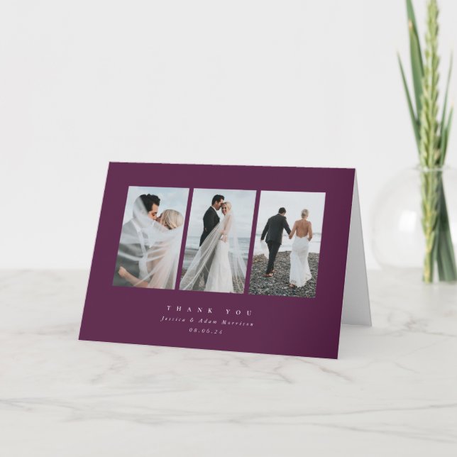 Burgundy Elegant Minimal Triple Photo Wedding Thank You Card (Front)
