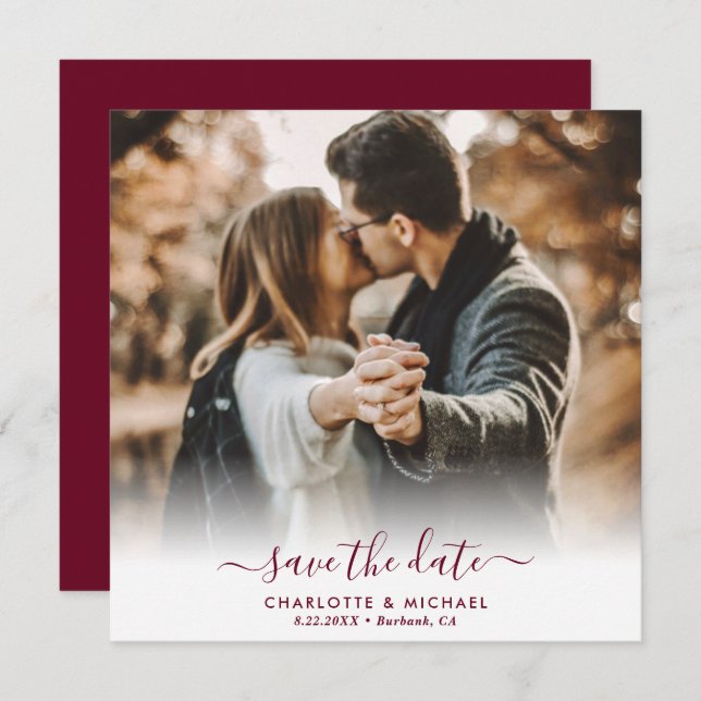 Burgundy Elegant Modern Script Wedding Photo Announcement (Front/Back)