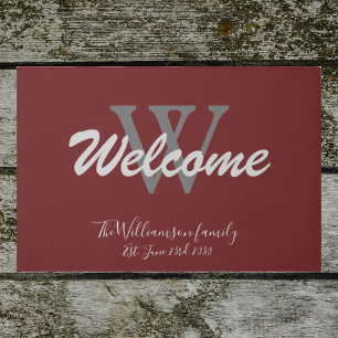 Burgundy Elegant Monogram Outdoor Wedding Welcome  Doormat