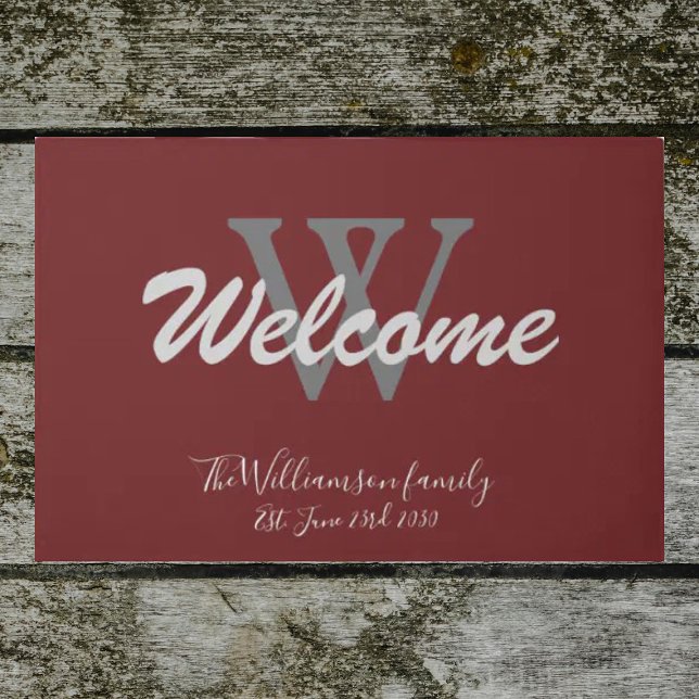 Burgundy Elegant Monogram Outdoor Wedding Welcome  Doormat (Front door welcome mat. Elegant burgundy monogramed doormat. The perfect wedding/housewarming gift. )