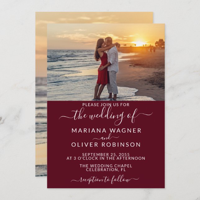 Burgundy Elegant Script Photo Wedding Invitation (Front/Back)