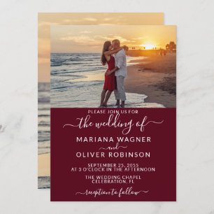 Burgundy Elegant Script Photo Wedding Invitation
