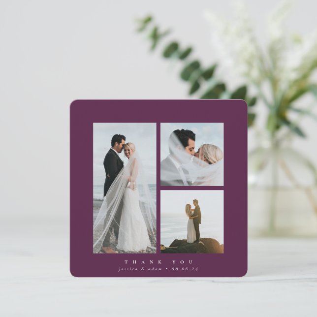 Burgundy Elegant Square Three Photo Wedding Thank You Card (Standing Front)