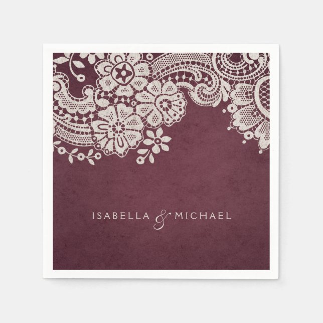 Burgundy elegant vintage lace rustic wedding napkin (Front)