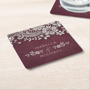 Burgundy elegant vintage lace rustic wedding square paper coaster