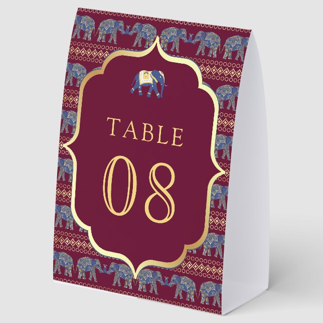 Burgundy Elephant Indian Wedding Table Number (Front)