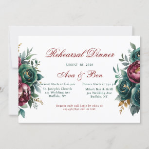 Burgundy Emerald Green Gold Peony Rehearsal Dinner Invitation