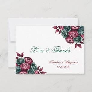 Burgundy Emerald Green Peony Gold Trim Wedding Thank You Card