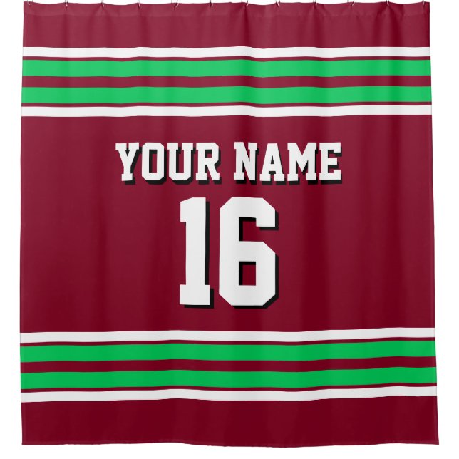 Burgundy Emerald Green White Stripes Sports Jersey Shower Curtain (Front)
