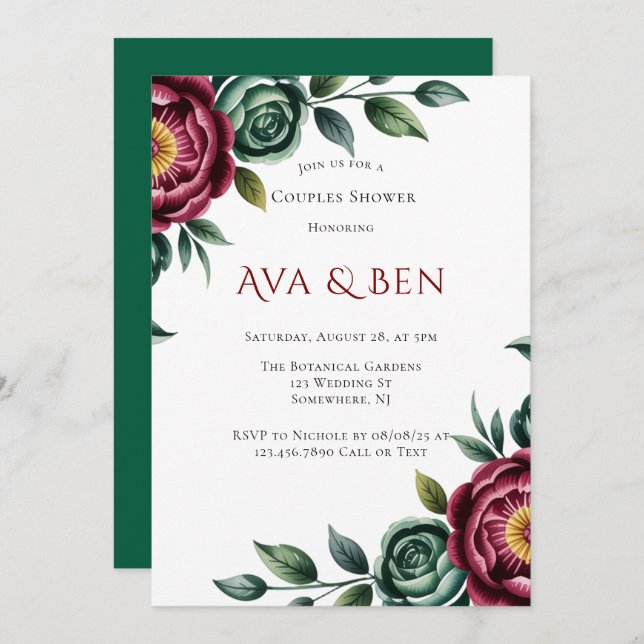 Burgundy & Emerald Peony Winter Couples Shower Invitation (Front/Back)