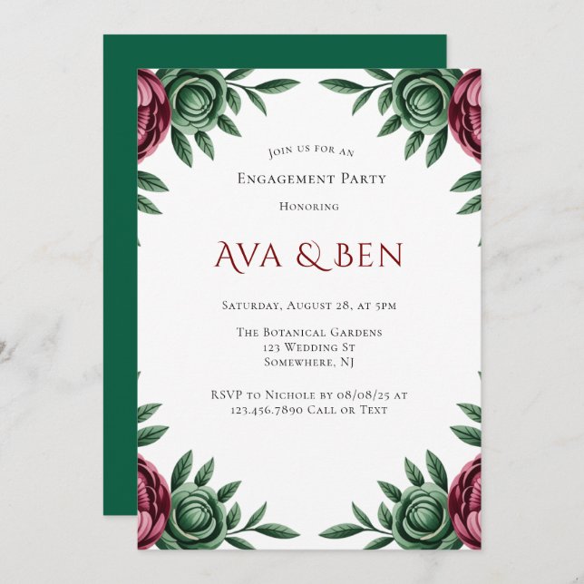 Burgundy & Emerald Peony Winter Engagement Party Invitation (Front/Back)
