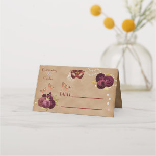 Burgundy English Roses, Red Party Mask Quinceañera Place Card