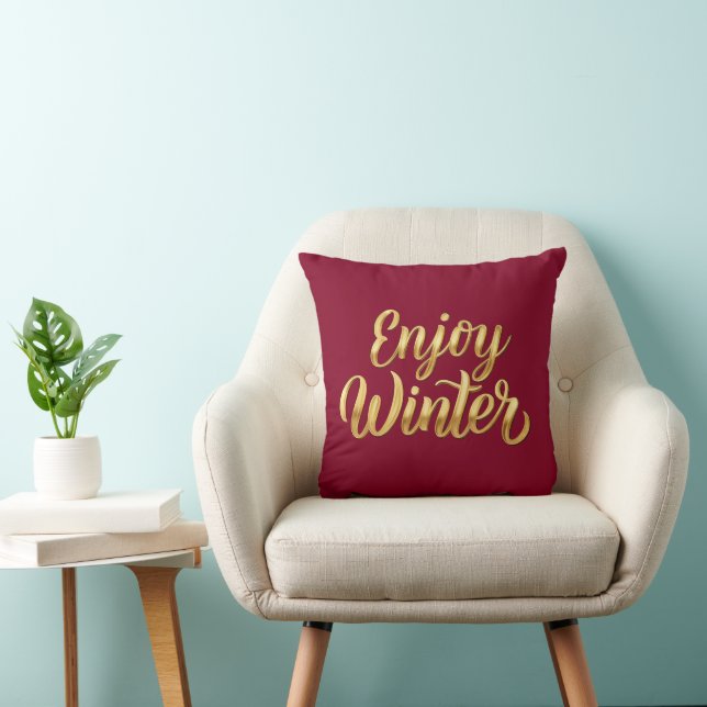 Burgundy Enjoy Winter - Gold Script Holiday Decor Cushion (Chair)