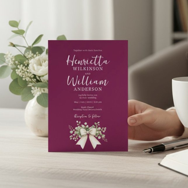 Burgundy Eucalyptus Bow all in one Wedding  Invitation (Creator Uploaded)