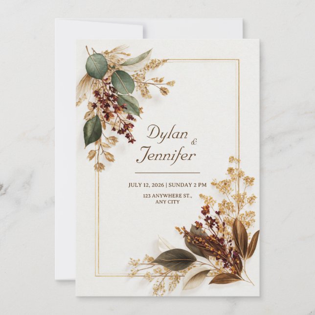 Burgundy Eucalyptus Gold Dried Floral Wedding Invitation (Front)
