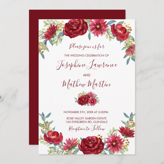 Burgundy Eucalyptus Watercolor Floral Fall Wedding Invitation (Front/Back)