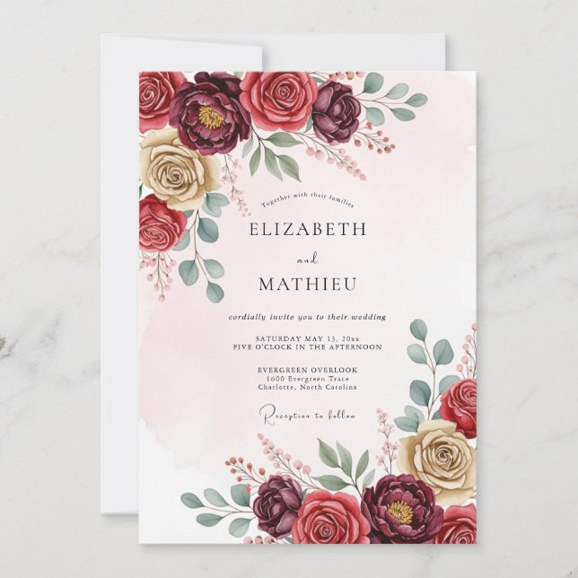 Burgundy Exquisite Floral Wedding Invitation (Front)