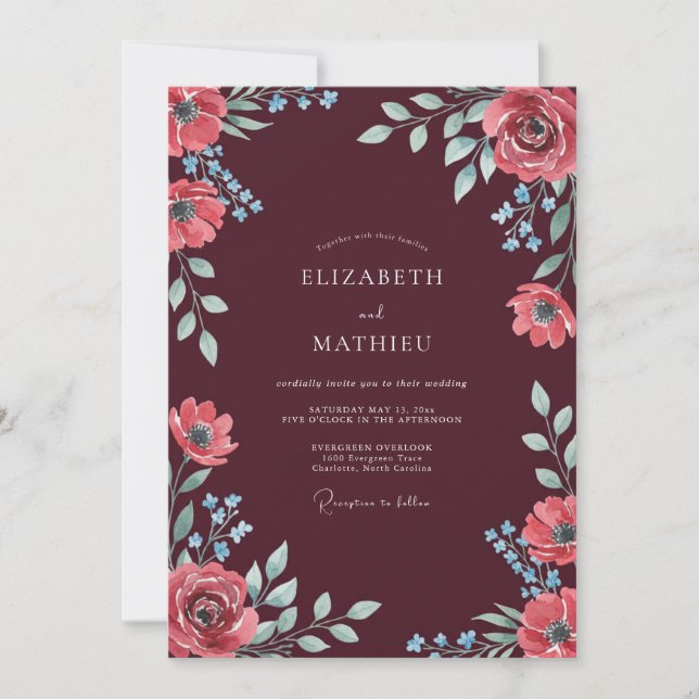 Burgundy Exquisite Winter Wedding Invitation (Front)