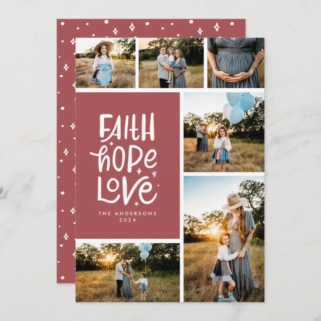 Burgundy faith hope love multiple Photo Holiday Card (Front/Back)