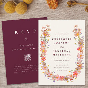 Burgundy Fall Boho Rustic Floral QR Code Wedding Invitation