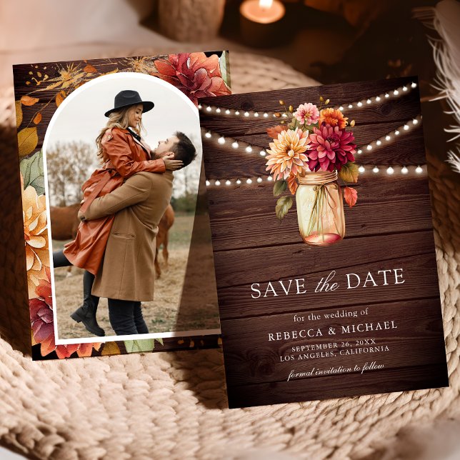 Burgundy Fall Dahlia Mason Jar Photo Wood Wedding Save The Date (Creator Uploaded)