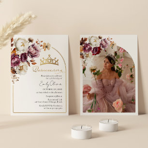 Burgundy Fall Floral Autumn Quinceanera Photo Invitation