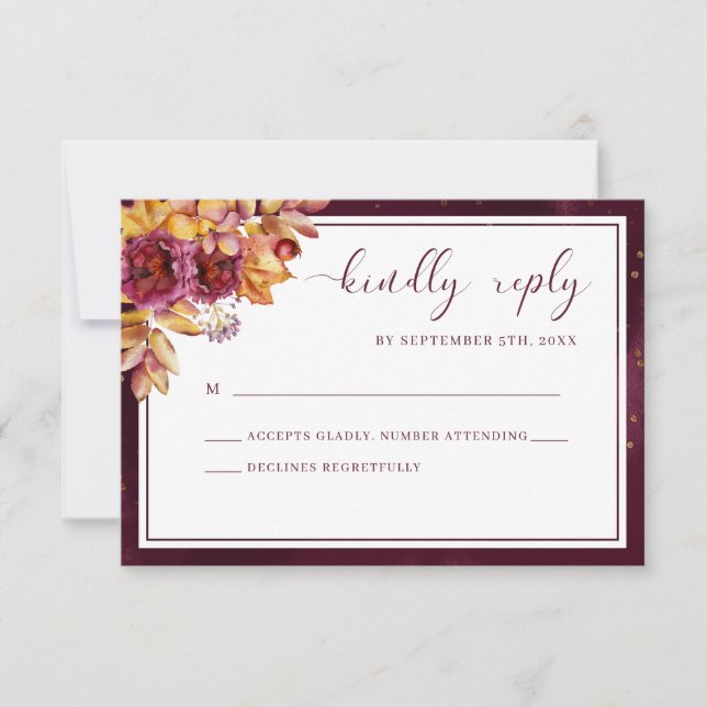 Burgundy Fall Floral Elegant Bold Wedding RSVP Card (Front)
