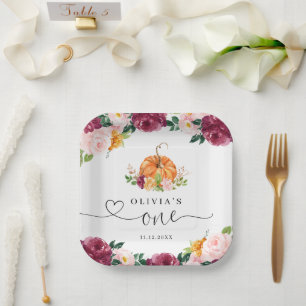 Burgundy fall floral Little pumpkin 1st birthday Paper Plate