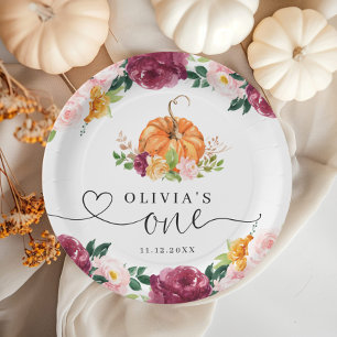 Burgundy fall floral Little pumpkin 1st birthday Paper Plate