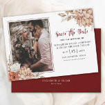 Burgundy Fall Floral Photo Wedding Save the Date Invitation<br><div class="desc">An elegant fall autumn floral burgundy wedding save the date. Personalise it with your photo,  name and date for a gorgeous way to inform your guests of your upcoming wedding. Designed for you by Blackberry Boulevard.</div>