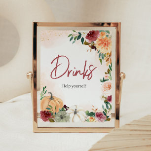 Burgundy Fall Floral Pumpkin Baby Shower Drinks Poster