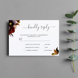 Burgundy fall floral rustic chic wedding RSVP card