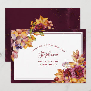 Burgundy Fall Floral Watercolor Leaves Bridesmaid Invitation