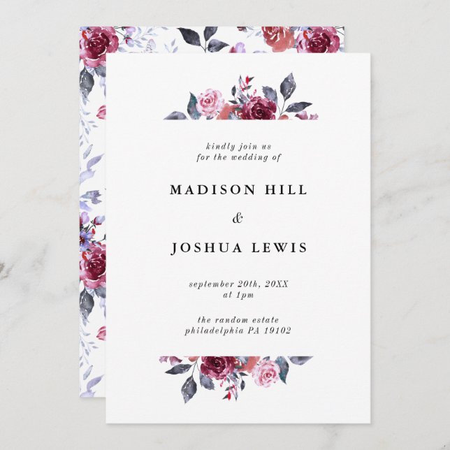 Burgundy Fall Floral Wedding Invitation (Front/Back)