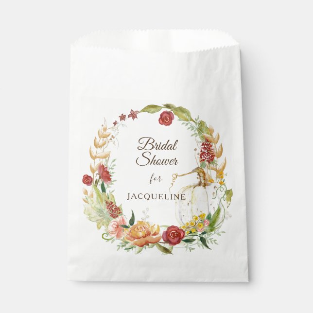 Burgundy Fall Floral White Pumpkin Bridal Shower Favour Bag (Front)
