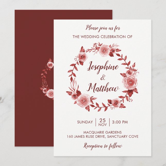 Burgundy Fall Floral Wreath Wedding Invitation (Front/Back)