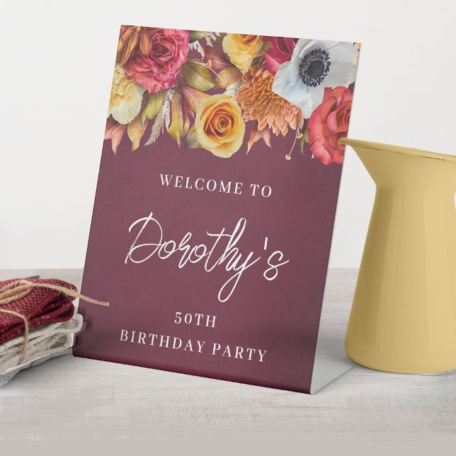 Burgundy Fall Flowers 50th Birthday Party Welcome Pedestal Sign (Make your guests feel welcome when they arrive. Matching party decor available. Message me for help.)