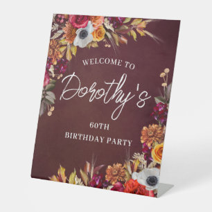 Burgundy Fall Flowers 60th Birthday Party Welcome Pedestal Sign