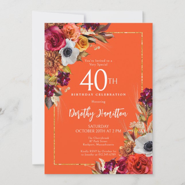 Burgundy Fall Flowers Elegant Script 40th Birthday Invitation (Front)