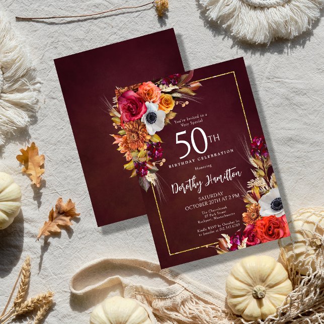 Burgundy Fall Flowers Elegant Script 50th Birthday Invitation (Fall Flowers and a Burgundy Red Background Create a Dramatic 50th Birthday Invitation)