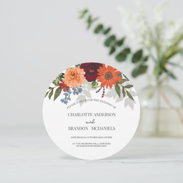 Burgundy Fall Garden Floral Wedding  Invitation (Standing Front)