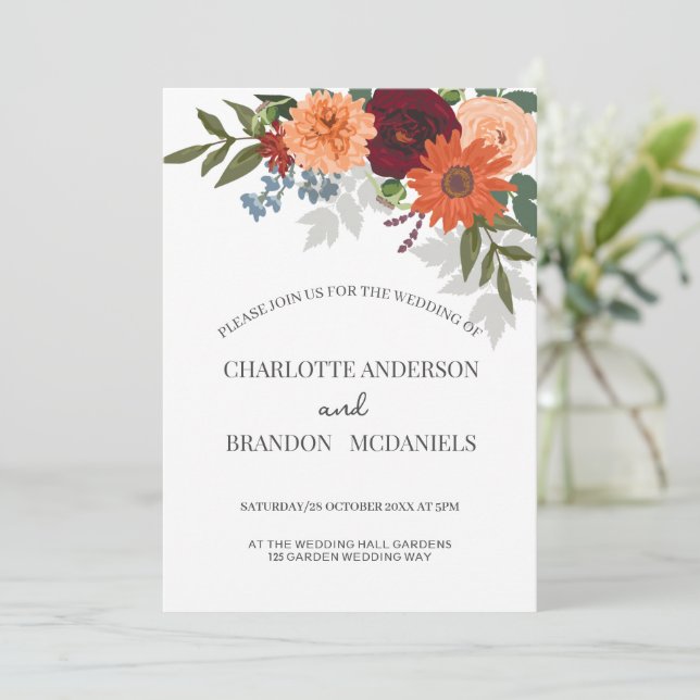 Burgundy Fall Garden Floral Wedding  Invitation (Standing Front)