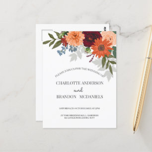 Burgundy Fall Garden Floral Wedding  Invitation Postcard