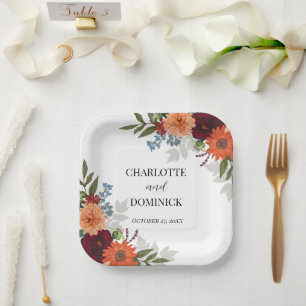 Burgundy Fall Garden Floral Wedding Paper Plate